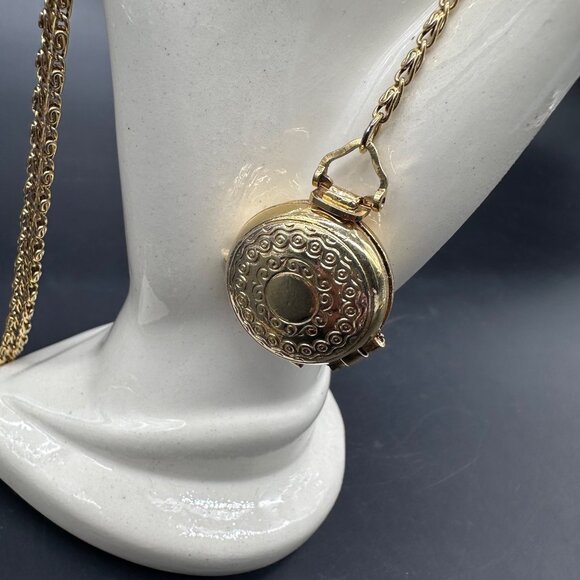 Vintage 1928 Signed Gold Tone Butterfly Locket Pendant Necklace Long Chain Retro - Picture 2 of 11